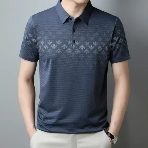 2023 New Ice Silk T-shirt Short Sleeve Men's Polo Shirt Business Casual Printed Lapel Men's Quick-drying Top