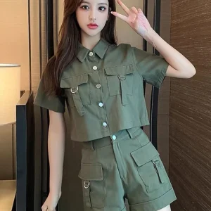 Summer Cargo Women Short Sets Korean Style Fashion Elegant New In Matching Sets Casual 2 Piece Sets Women's Suit Outfit